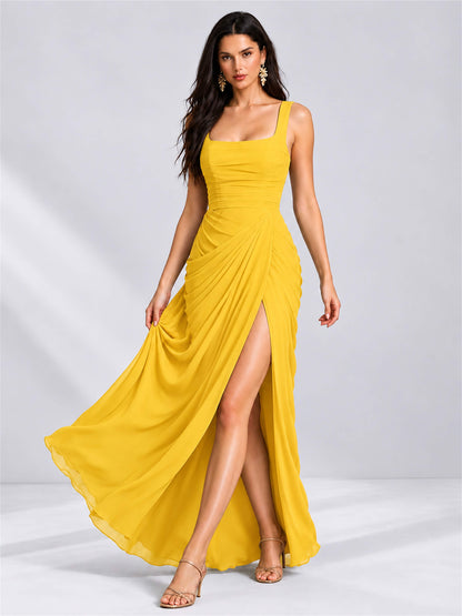 Square Neck Mermaid Chiffon Lace Up Back Wedding Guest Dress with Split Side