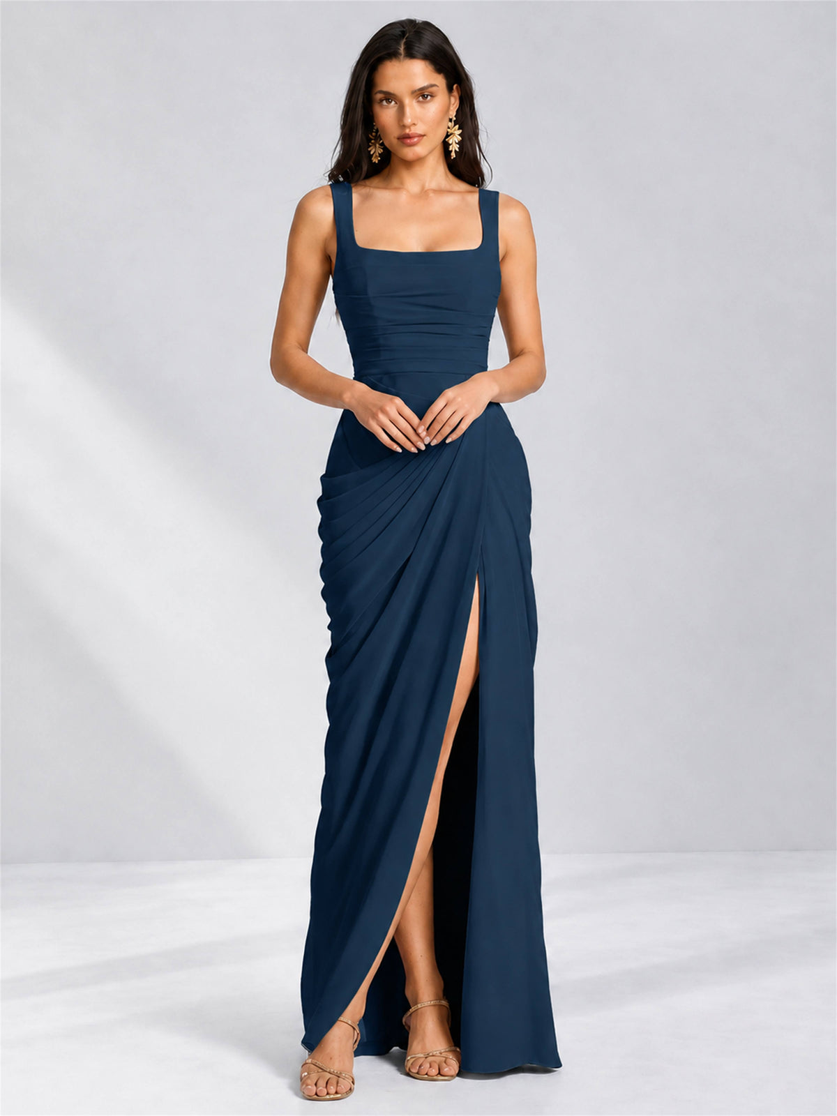 Square Neck Mermaid Chiffon Lace Up Back Wedding Guest Dress with Split Side
