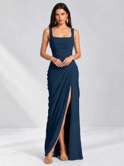 Square Neck Mermaid Chiffon Lace Up Back Wedding Guest Dress with Split Side