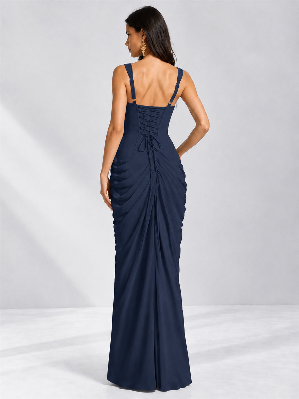 Square Neck Mermaid Chiffon Lace Up Back Wedding Guest Dress with Split Side