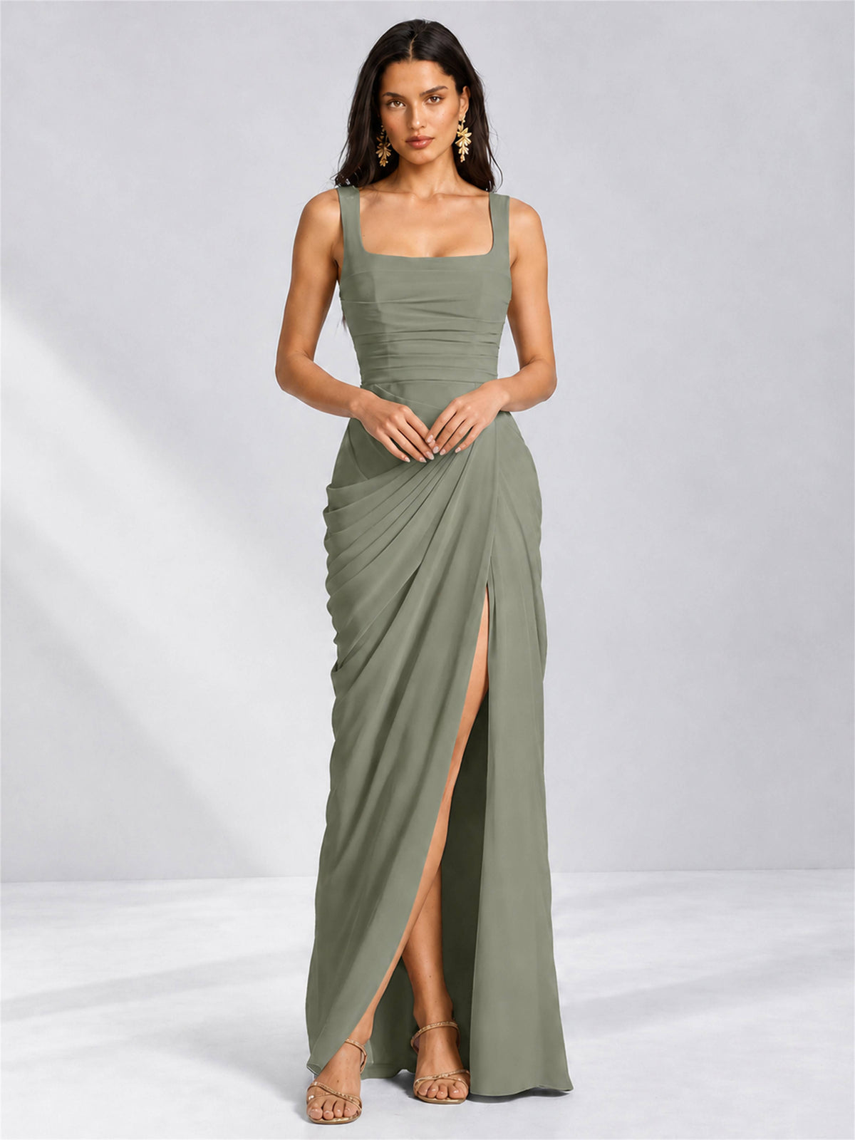 Square Neck Mermaid Chiffon Lace Up Back Wedding Guest Dress with Split Side