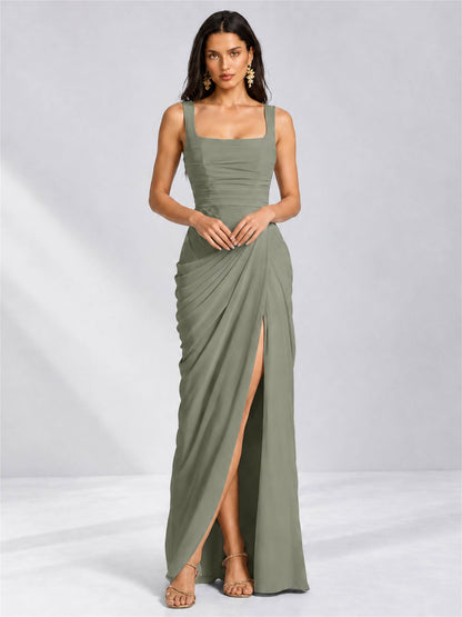 Square Neck Mermaid Chiffon Lace Up Back Wedding Guest Dress with Split Side