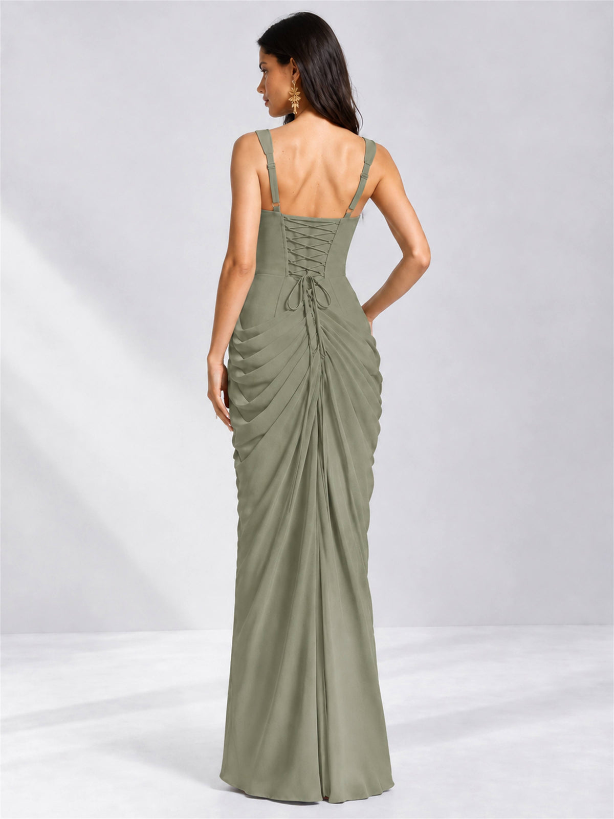 Square Neck Mermaid Chiffon Lace Up Back Wedding Guest Dress with Split Side
