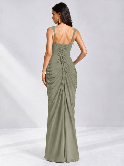 Square Neck Mermaid Chiffon Lace Up Back Wedding Guest Dress with Split Side