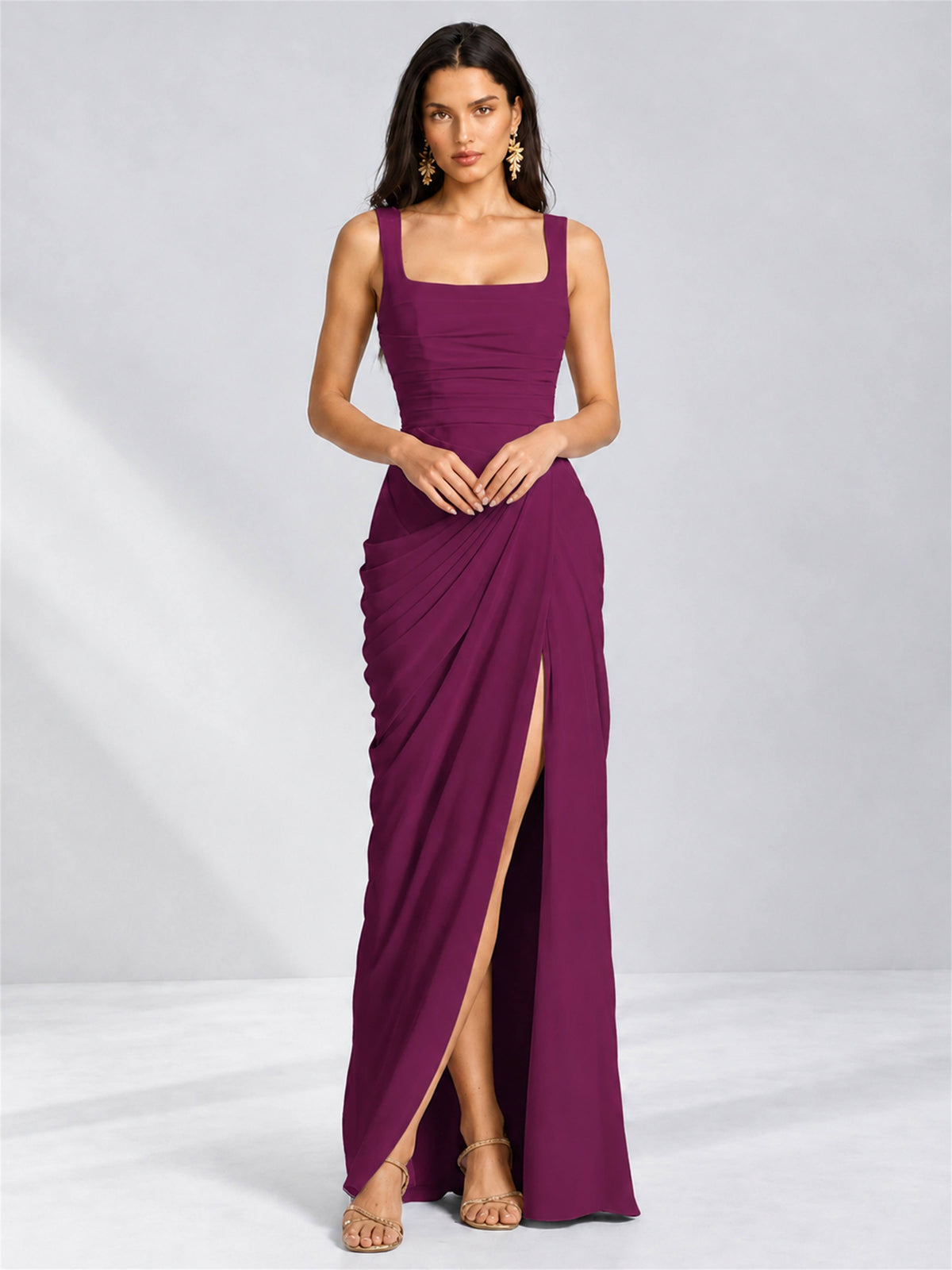 Square Neck Mermaid Chiffon Lace Up Back Wedding Guest Dress with Split Side