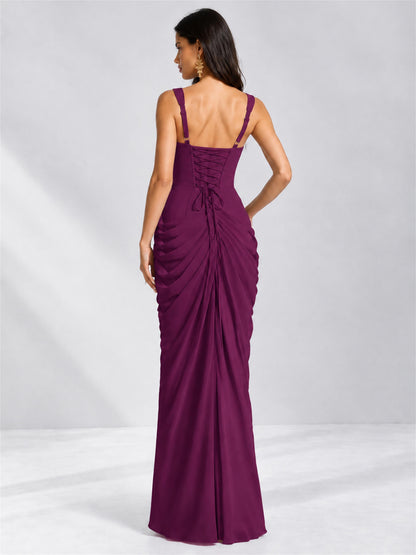 Square Neck Mermaid Chiffon Lace Up Back Wedding Guest Dress with Split Side