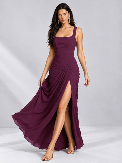 Square Neck Mermaid Chiffon Lace Up Back Wedding Guest Dress with Split Side