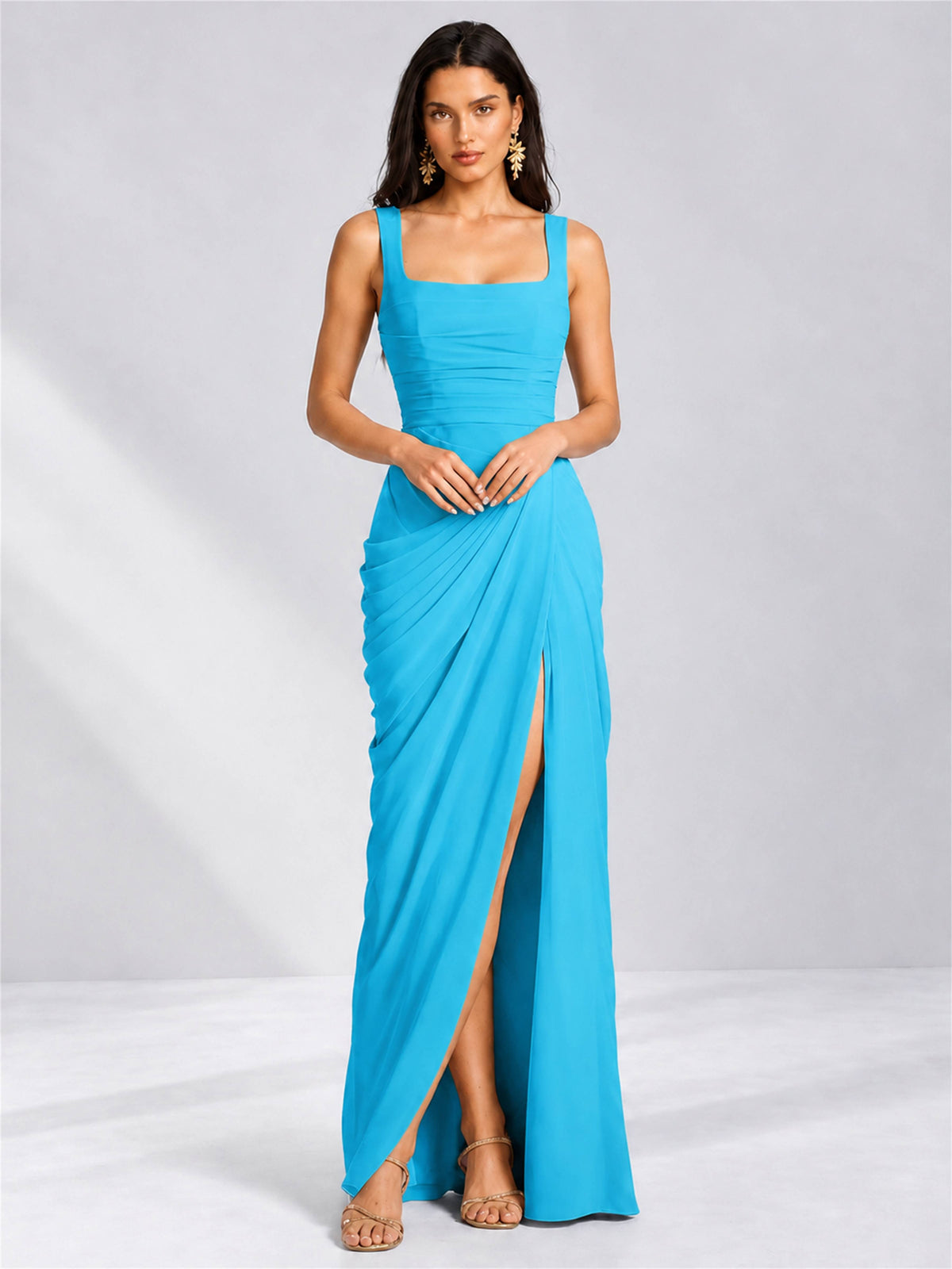 Square Neck Mermaid Chiffon Lace Up Back Wedding Guest Dress with Split Side