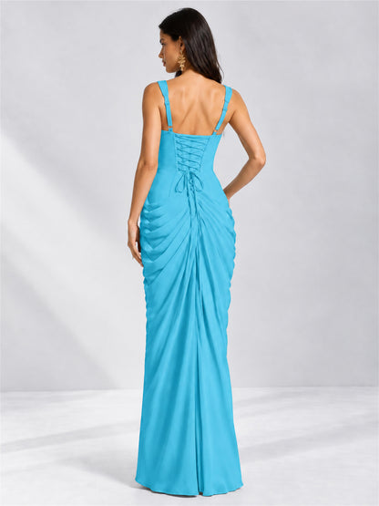 Square Neck Mermaid Chiffon Lace Up Back Wedding Guest Dress with Split Side
