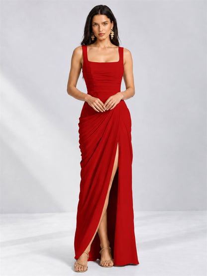 Square Neck Mermaid Chiffon Lace Up Back Wedding Guest Dress with Split Side