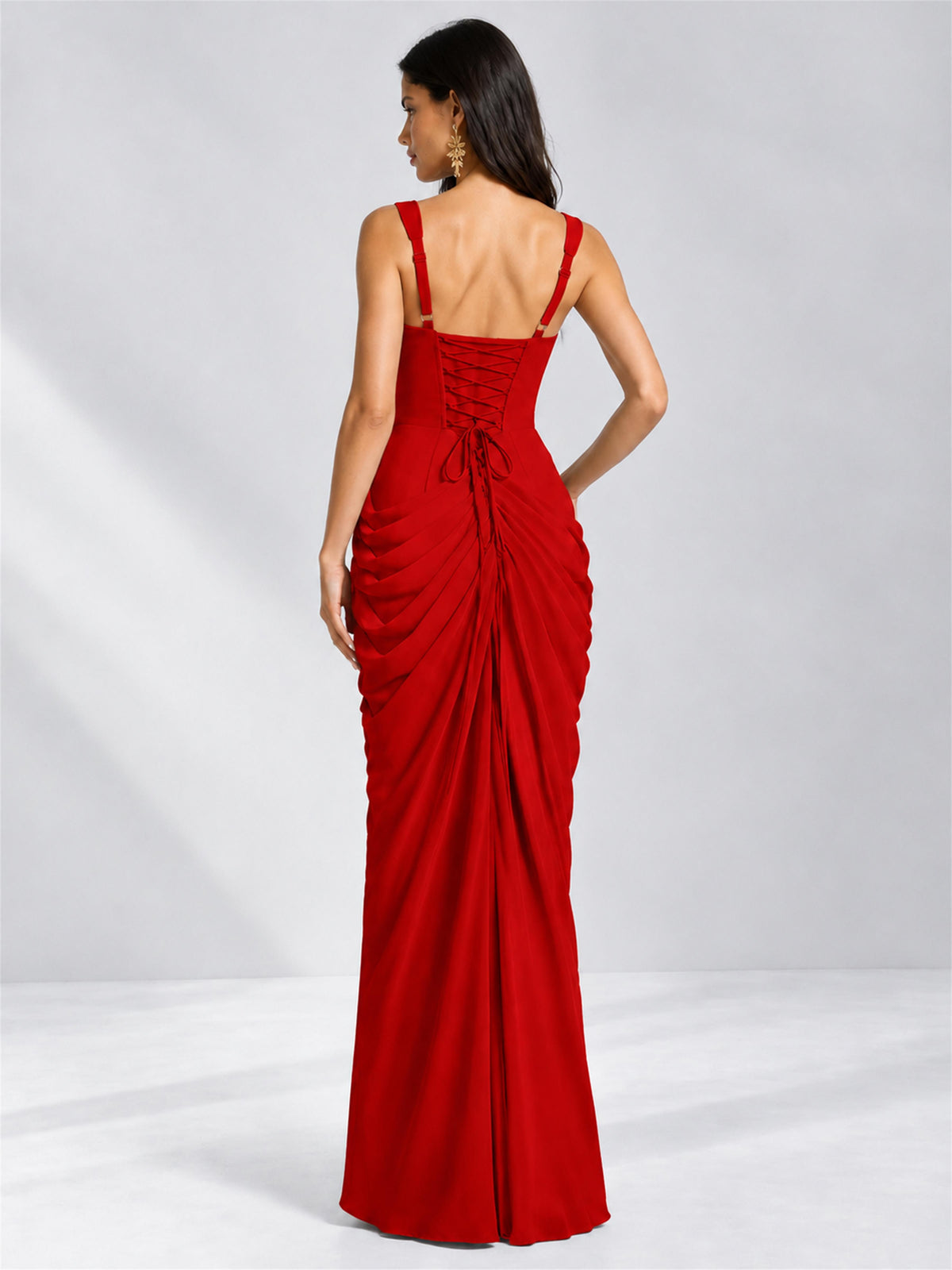 Square Neck Mermaid Chiffon Lace Up Back Wedding Guest Dress with Split Side
