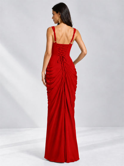 Square Neck Mermaid Chiffon Lace Up Back Wedding Guest Dress with Split Side