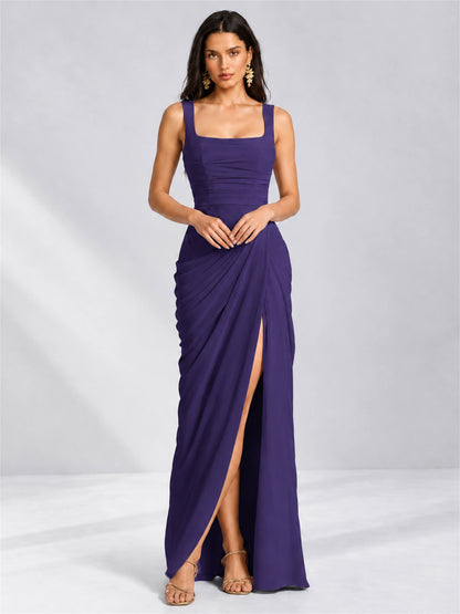 Square Neck Mermaid Chiffon Lace Up Back Wedding Guest Dress with Split Side