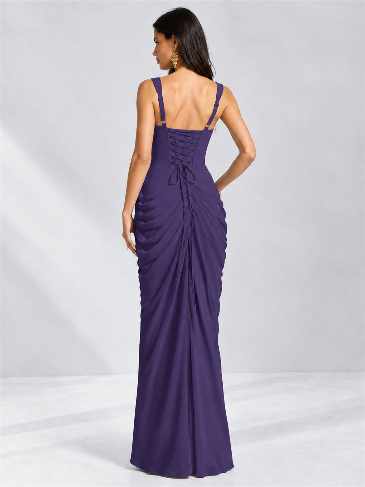 Square Neck Mermaid Chiffon Lace Up Back Wedding Guest Dress with Split Side