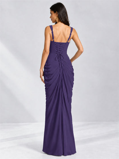 Square Neck Mermaid Chiffon Lace Up Back Wedding Guest Dress with Split Side