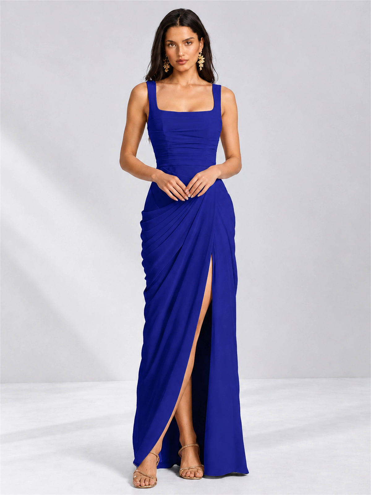 Square Neck Mermaid Chiffon Lace Up Back Wedding Guest Dress with Split Side