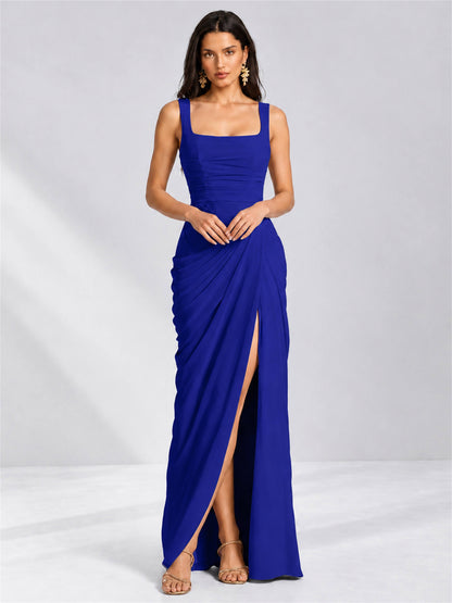 Square Neck Mermaid Chiffon Lace Up Back Wedding Guest Dress with Split Side