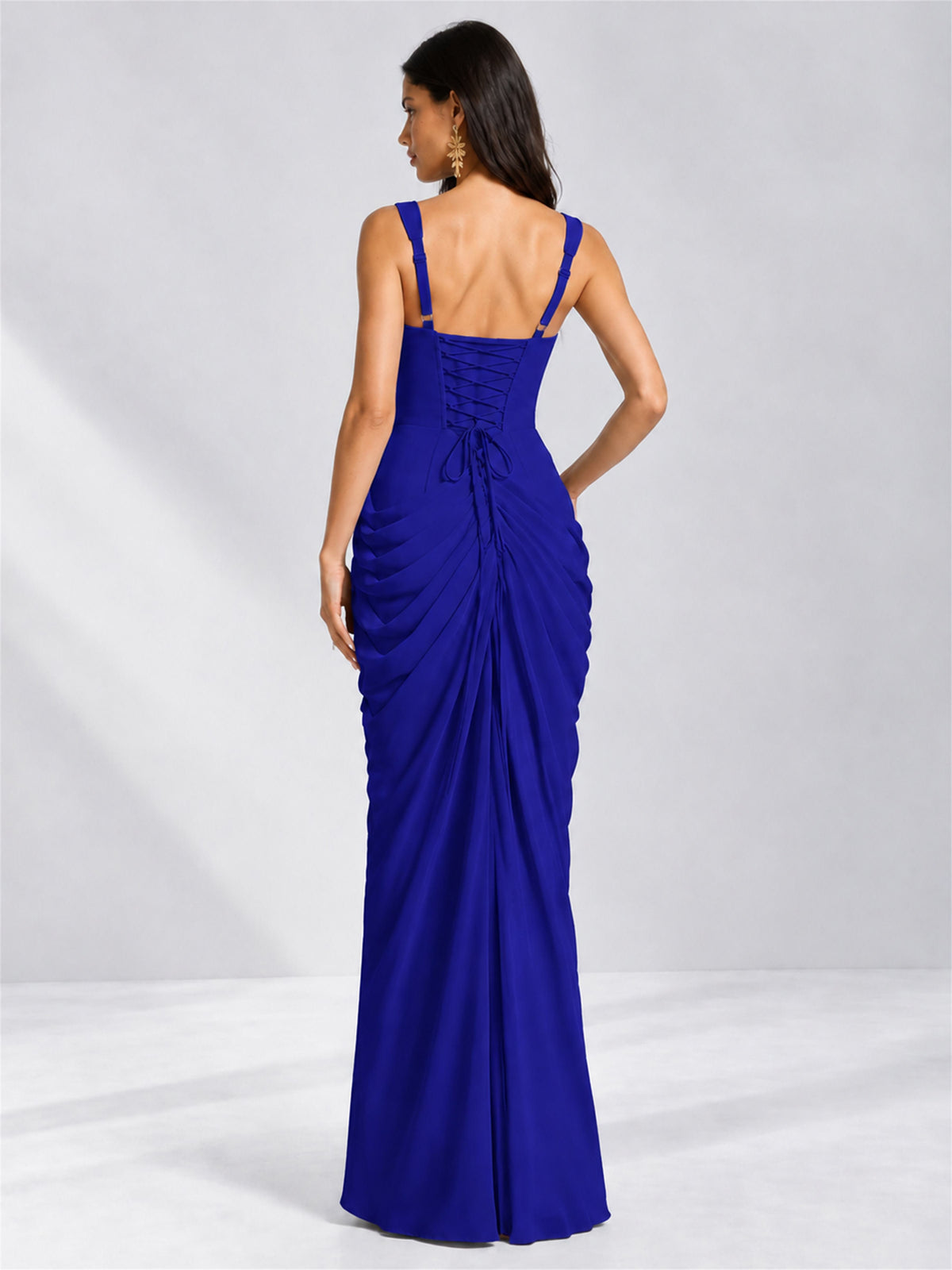 Square Neck Mermaid Chiffon Lace Up Back Wedding Guest Dress with Split Side