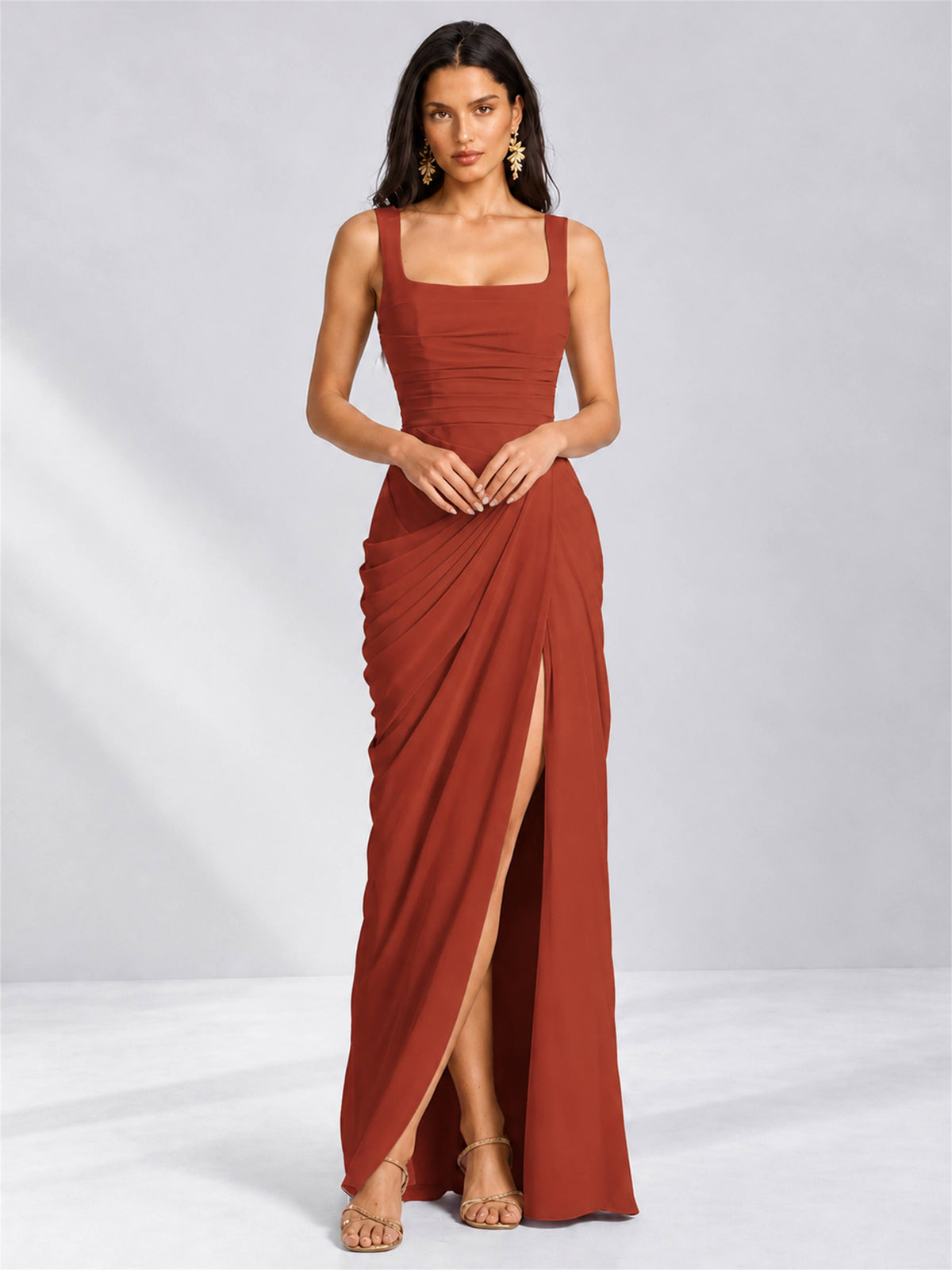 Square Neck Mermaid Chiffon Lace Up Back Wedding Guest Dress with Split Side