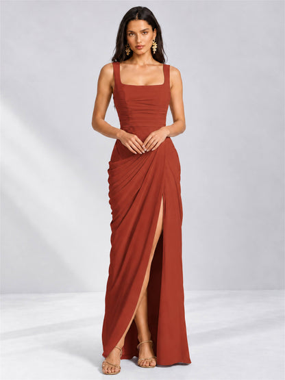 Square Neck Mermaid Chiffon Lace Up Back Wedding Guest Dress with Split Side