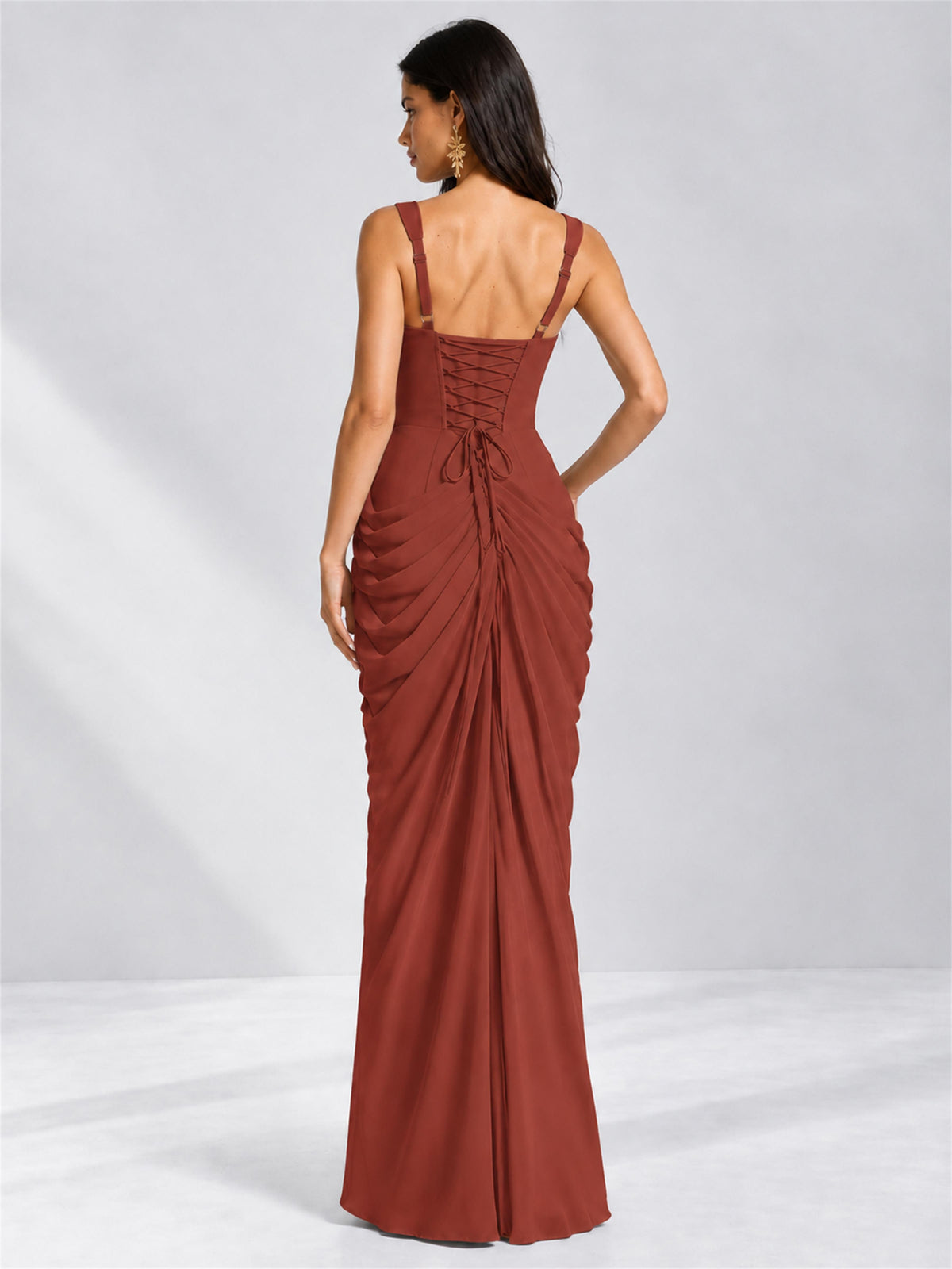 Square Neck Mermaid Chiffon Lace Up Back Wedding Guest Dress with Split Side