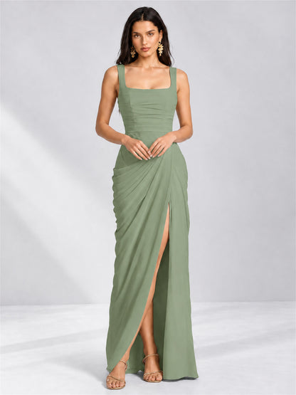Square Neck Mermaid Chiffon Lace Up Back Wedding Guest Dress with Split Side