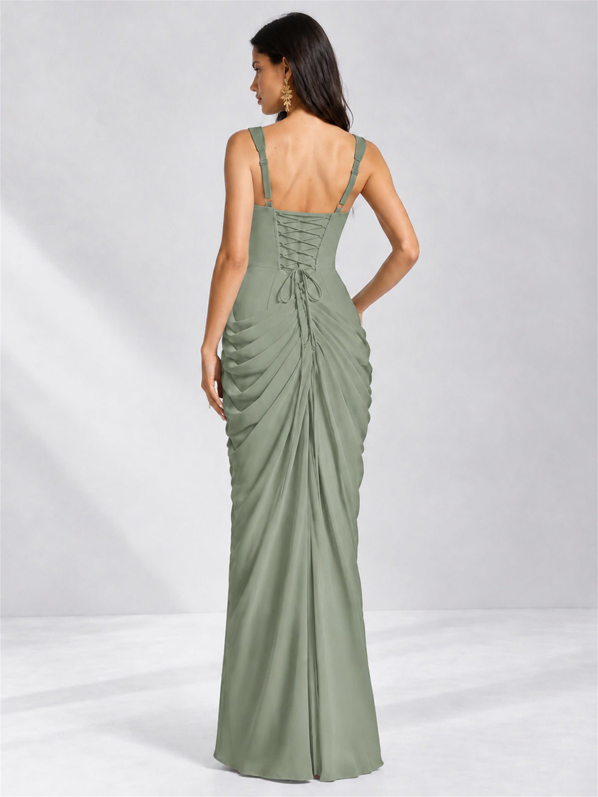 Square Neck Mermaid Chiffon Lace Up Back Wedding Guest Dress with Split Side