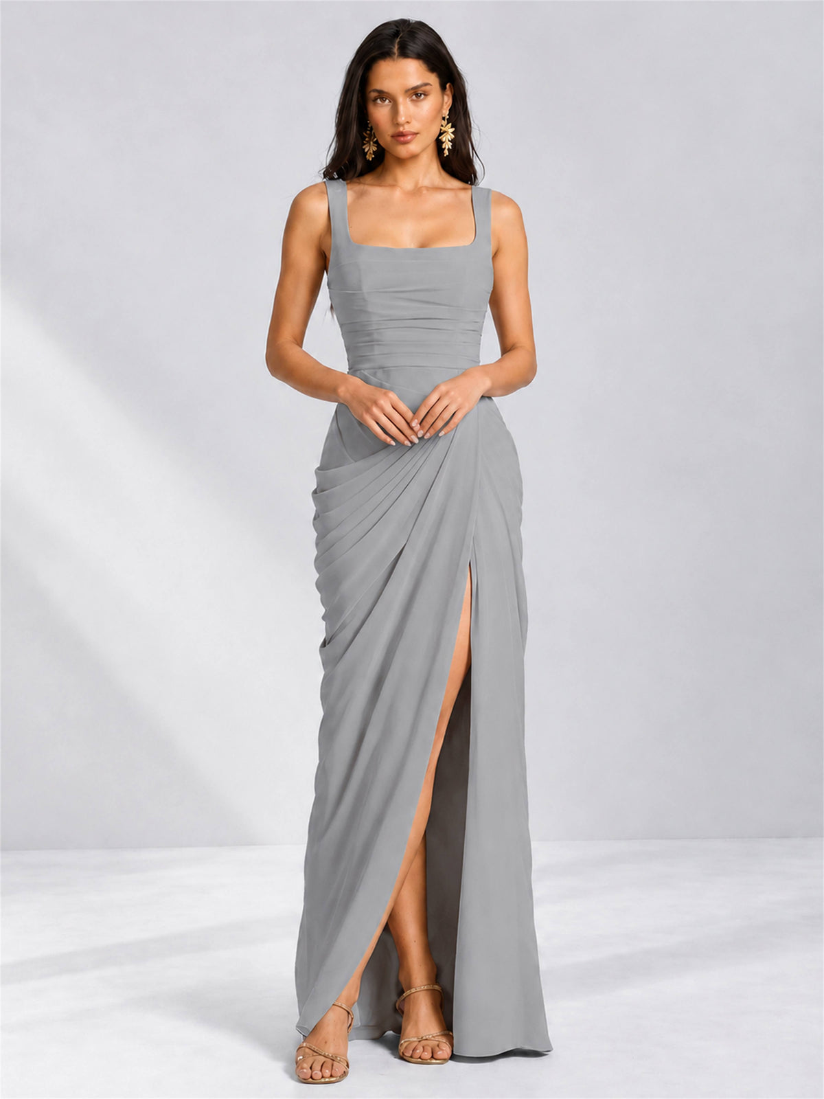 Square Neck Mermaid Chiffon Lace Up Back Wedding Guest Dress with Split Side