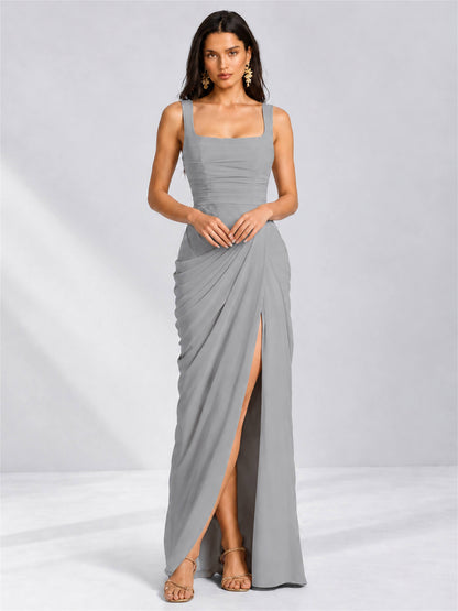 Square Neck Mermaid Chiffon Lace Up Back Wedding Guest Dress with Split Side