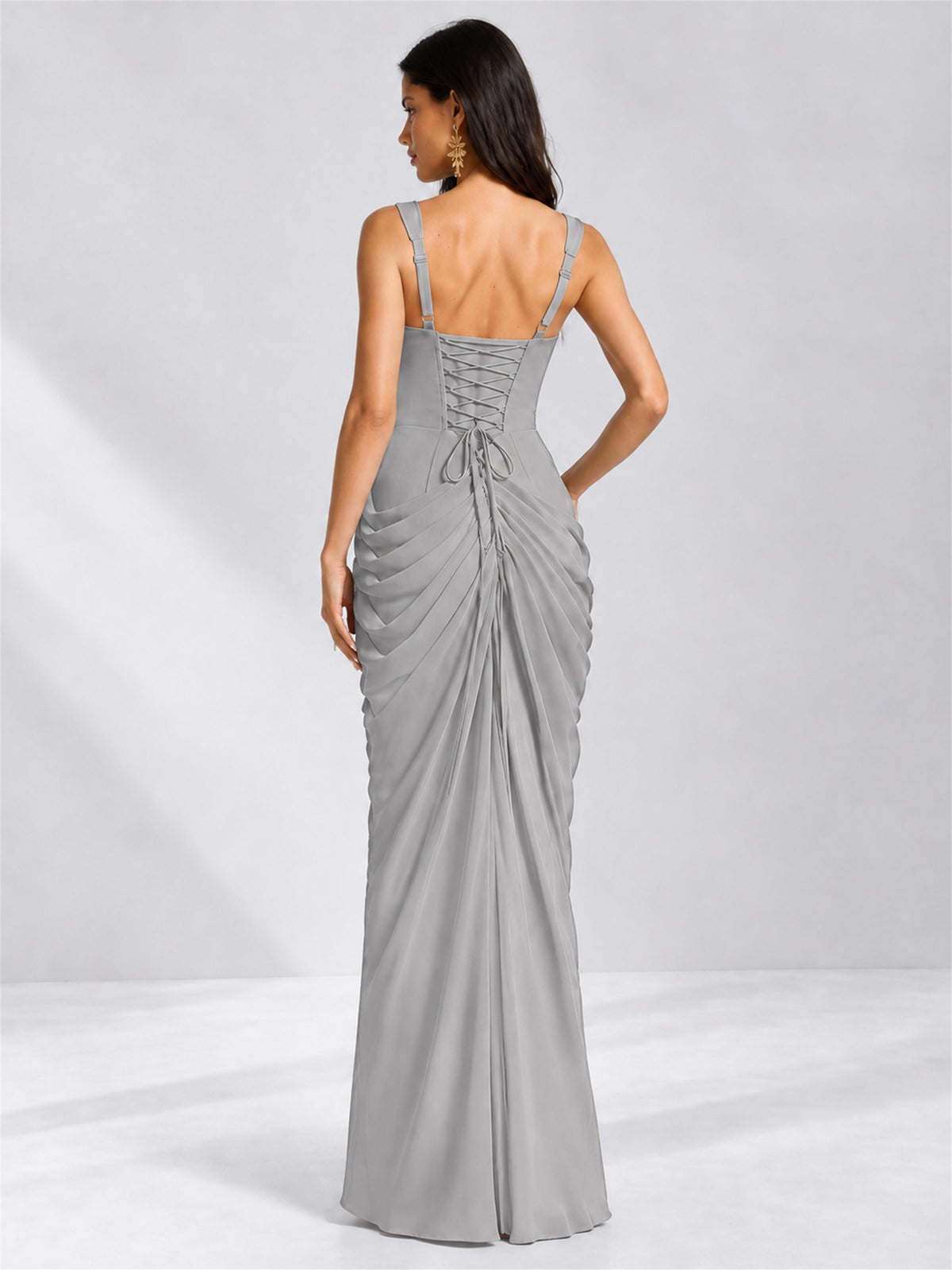 Square Neck Mermaid Chiffon Lace Up Back Wedding Guest Dress with Split Side