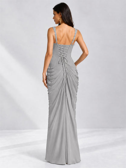 Square Neck Mermaid Chiffon Lace Up Back Wedding Guest Dress with Split Side