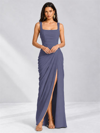 Square Neck Mermaid Chiffon Lace Up Back Wedding Guest Dress with Split Side