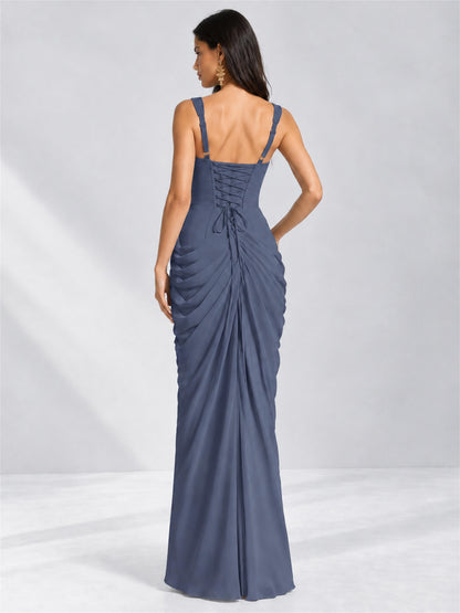 Square Neck Mermaid Chiffon Lace Up Back Wedding Guest Dress with Split Side