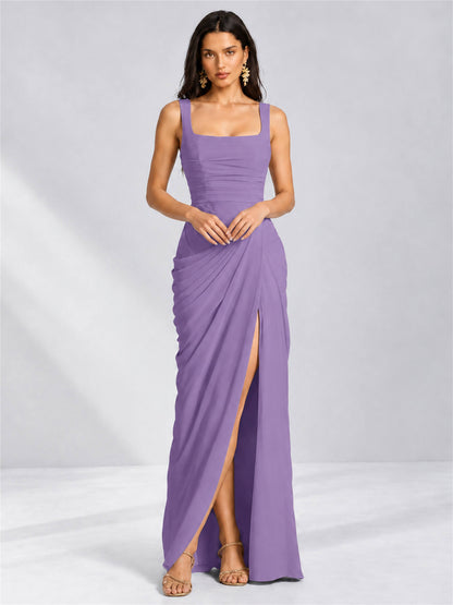 Square Neck Mermaid Chiffon Lace Up Back Wedding Guest Dress with Split Side