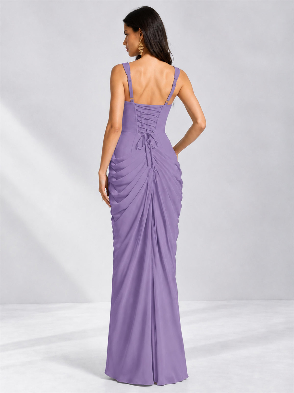 Square Neck Mermaid Chiffon Lace Up Back Wedding Guest Dress with Split Side