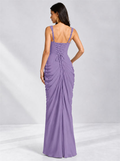Square Neck Mermaid Chiffon Lace Up Back Wedding Guest Dress with Split Side
