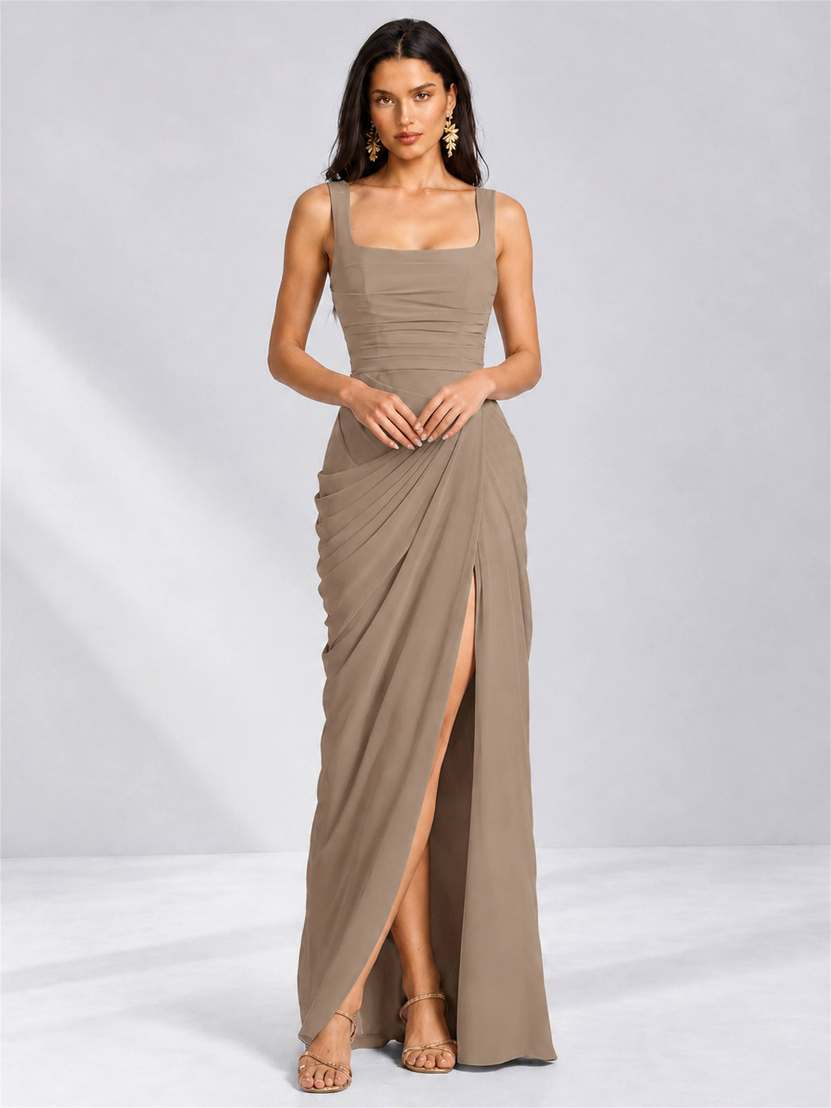 Square Neck Mermaid Chiffon Lace Up Back Wedding Guest Dress with Split Side