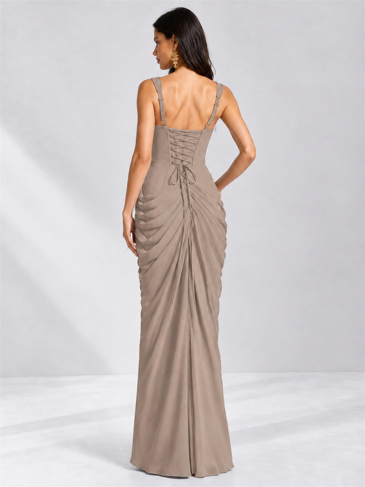 Square Neck Mermaid Chiffon Lace Up Back Wedding Guest Dress with Split Side