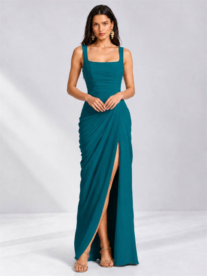 Square Neck Mermaid Chiffon Lace Up Back Wedding Guest Dress with Split Side
