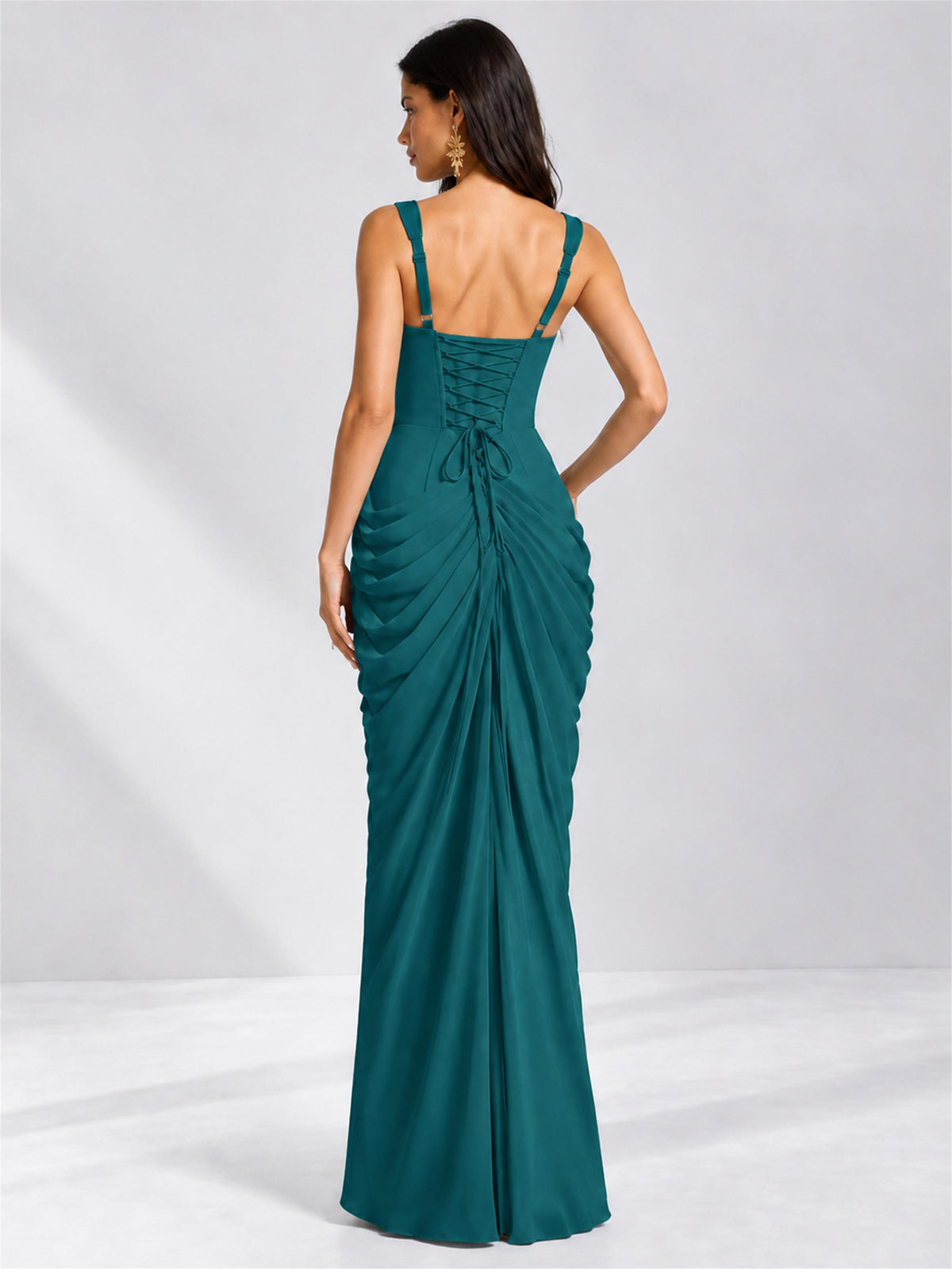 Square Neck Mermaid Chiffon Lace Up Back Wedding Guest Dress with Split Side