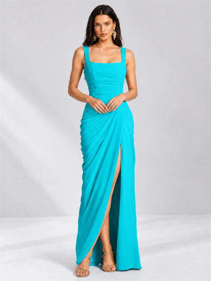 Square Neck Mermaid Chiffon Lace Up Back Wedding Guest Dress with Split Side