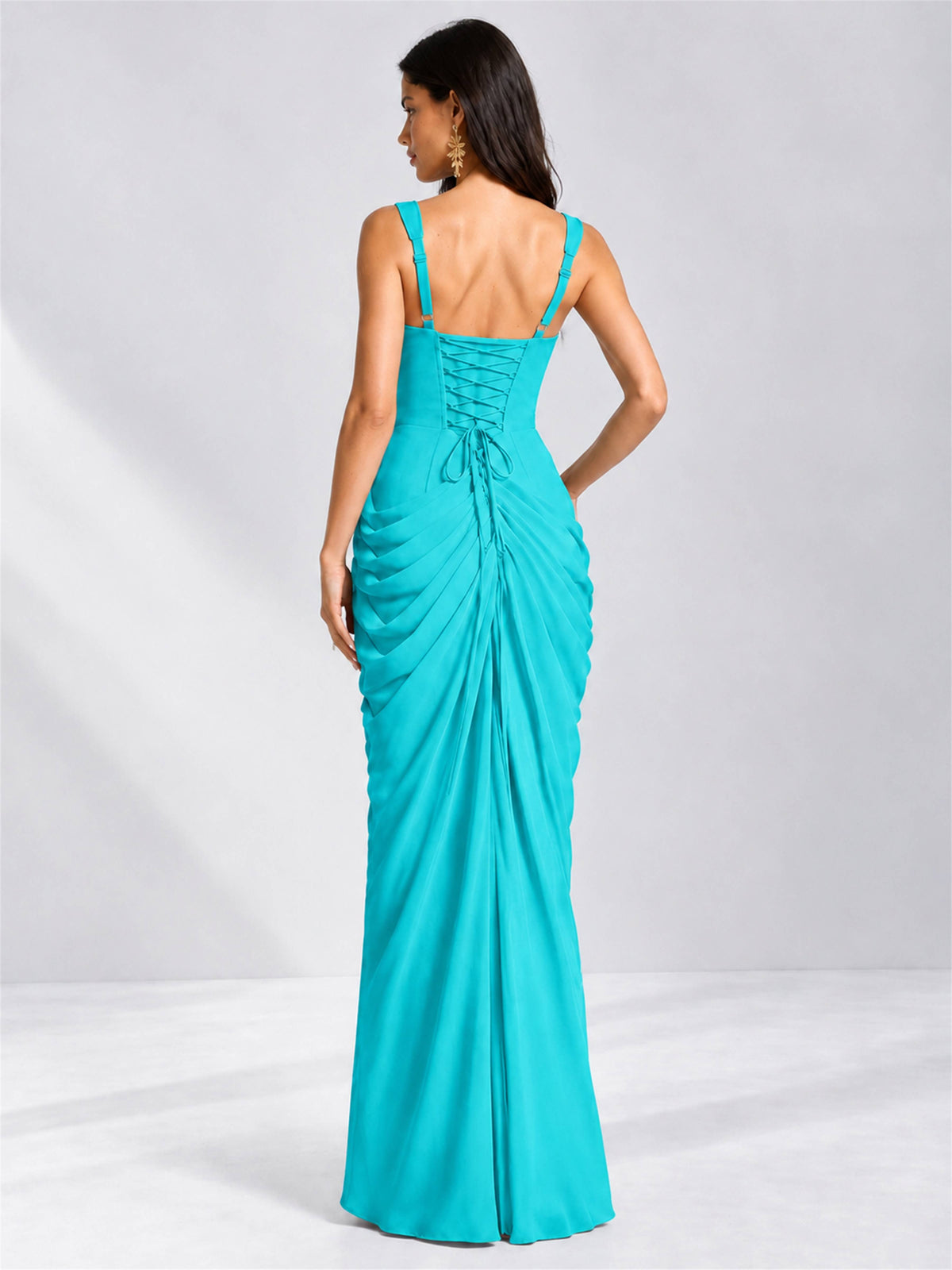 Square Neck Mermaid Chiffon Lace Up Back Wedding Guest Dress with Split Side