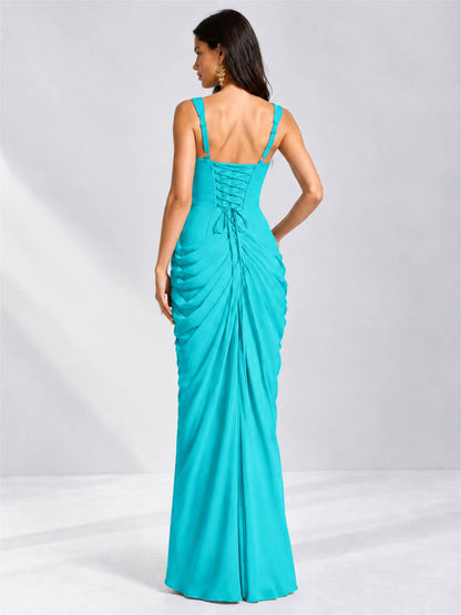 Square Neck Mermaid Chiffon Lace Up Back Wedding Guest Dress with Split Side