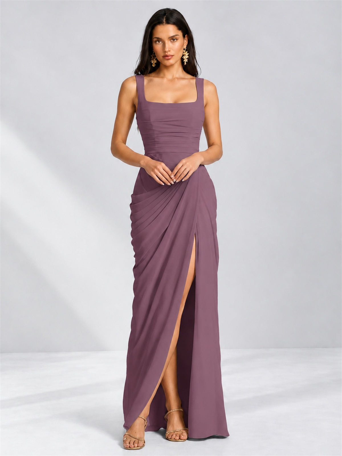 Square Neck Mermaid Chiffon Lace Up Back Wedding Guest Dress with Split Side