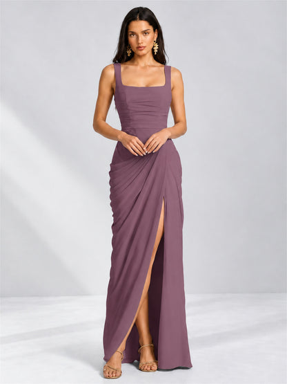 Square Neck Mermaid Chiffon Lace Up Back Wedding Guest Dress with Split Side