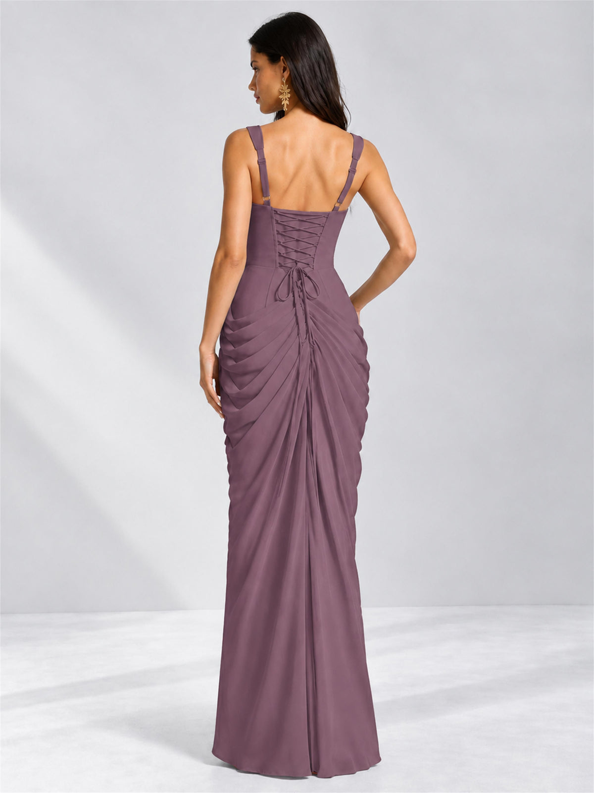 Square Neck Mermaid Chiffon Lace Up Back Wedding Guest Dress with Split Side