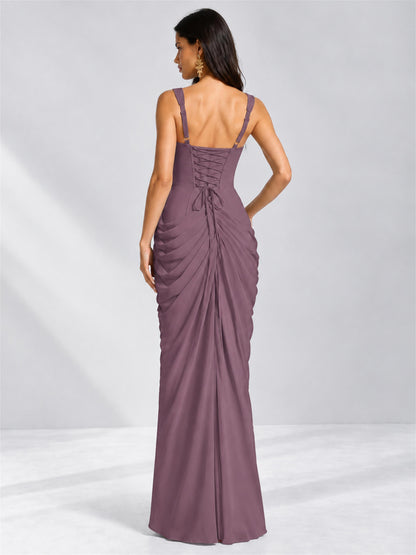 Square Neck Mermaid Chiffon Lace Up Back Wedding Guest Dress with Split Side