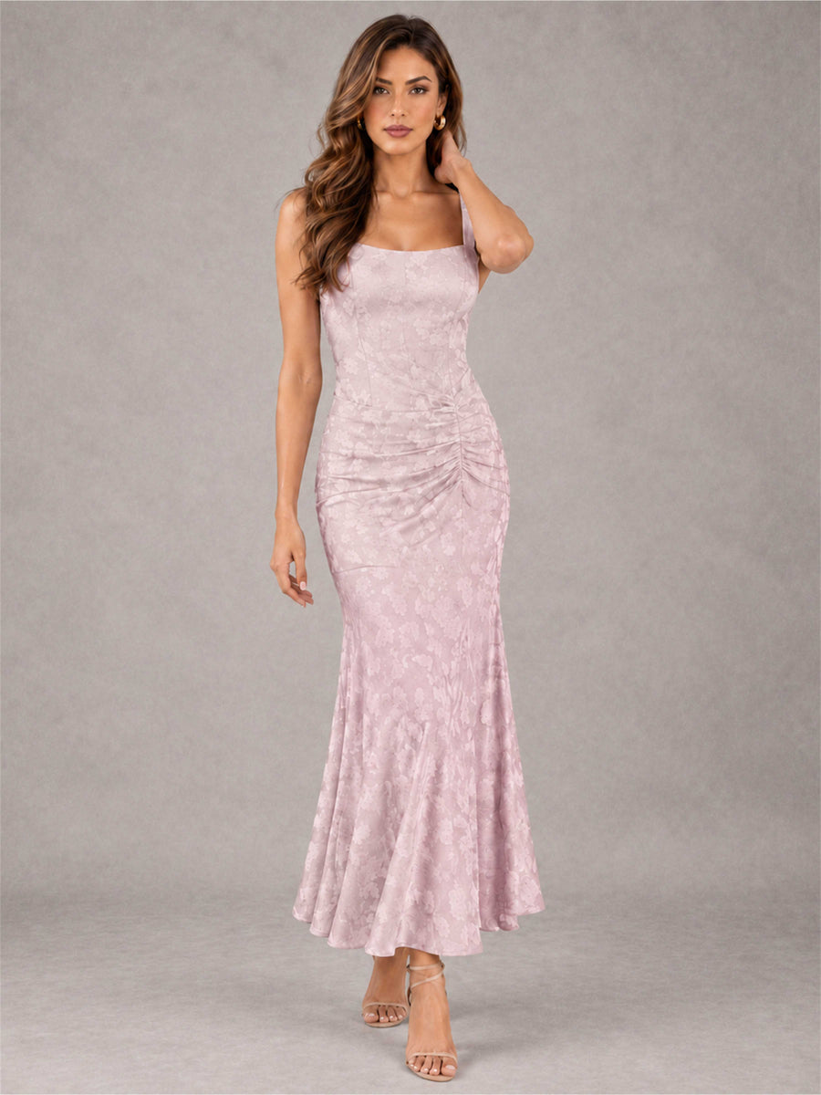 Blush Pink Square Neck Mermaid Sleeveless Jacquard Satin Ankle-Length Wedding Guest Dress
