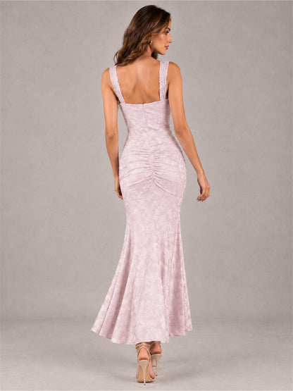 Blush Pink Square Neck Mermaid Sleeveless Jacquard Satin Ankle-Length Wedding Guest Dress