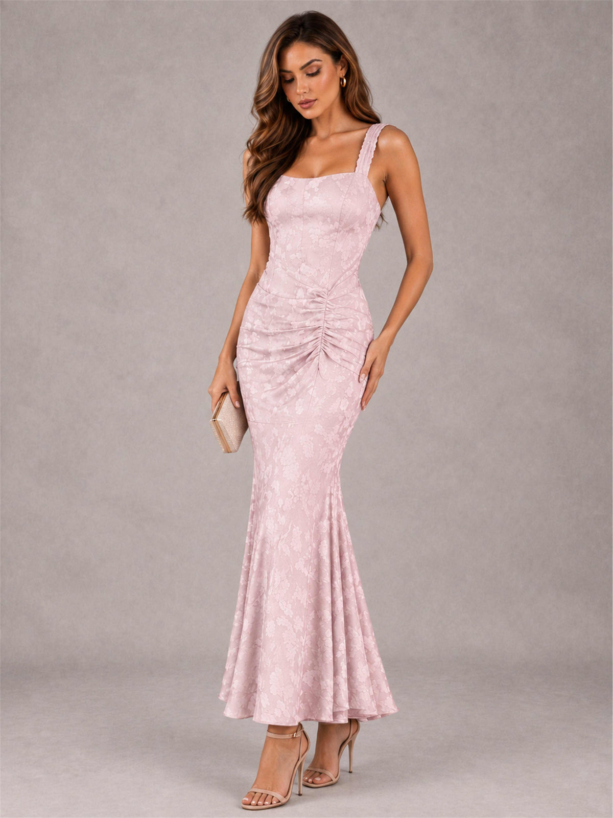 Blush Pink Square Neck Mermaid Sleeveless Jacquard Satin Ankle-Length Wedding Guest Dress